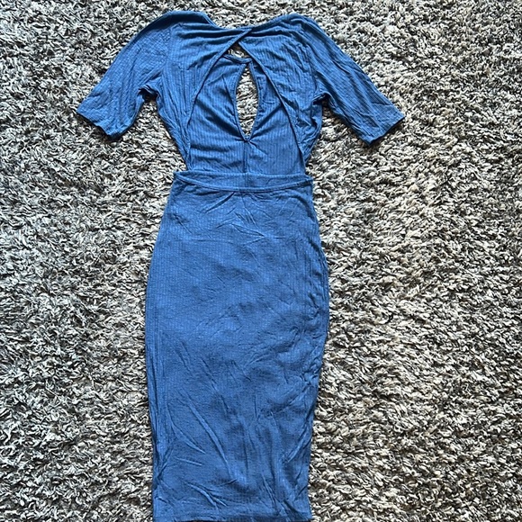 Elegant Blue Ribbed Backless Bodycon Dress, S - Picture 4 of 4